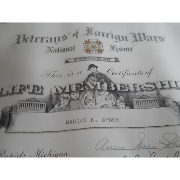 Vintage 1951 Veterans of Foreign Wars Life Membership Certificate 9.5 x 12" - Picture 2 of 5
